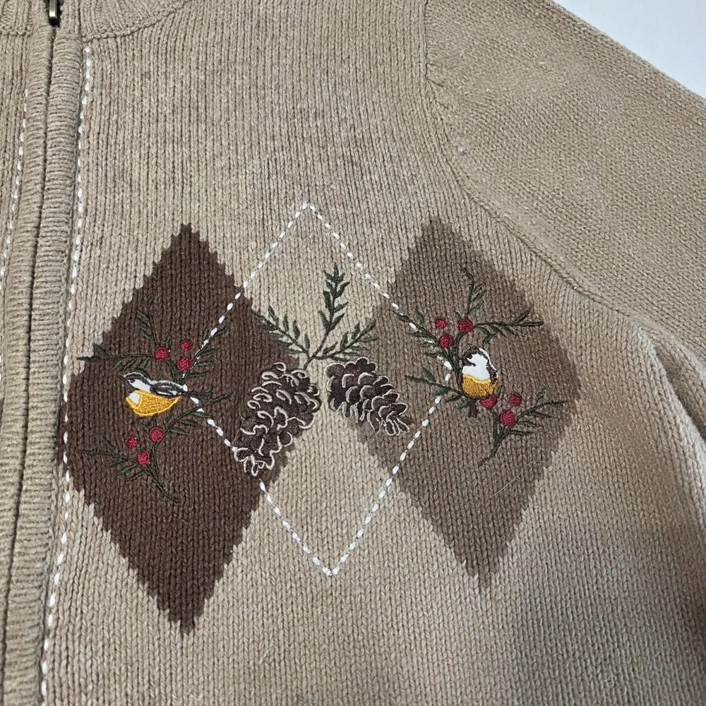 Croft & Barrow Cardigan Sweater Womens Petite Medium‎ Beige Bird Holiday Argyle